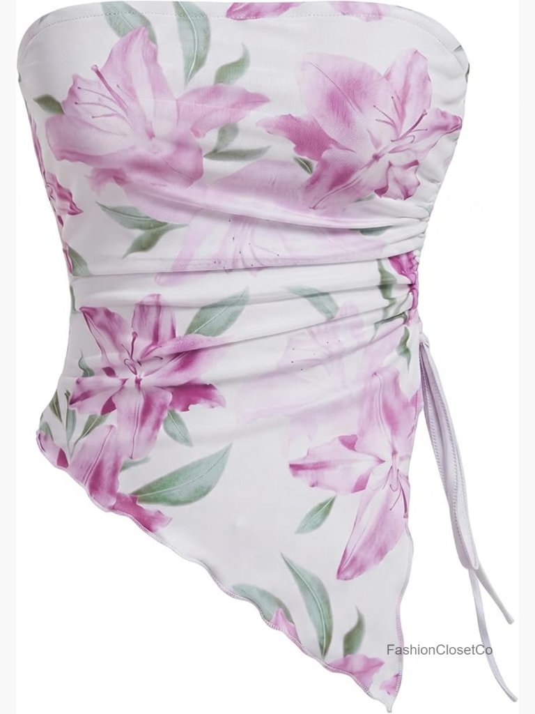 Strapless Floral Tube Top With Ruched Asymmetrical Hem And Side Tie